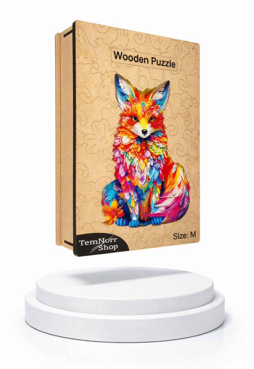 Wooden Puzzles for Adults – Colorful Fox with Unique Animal Pieces