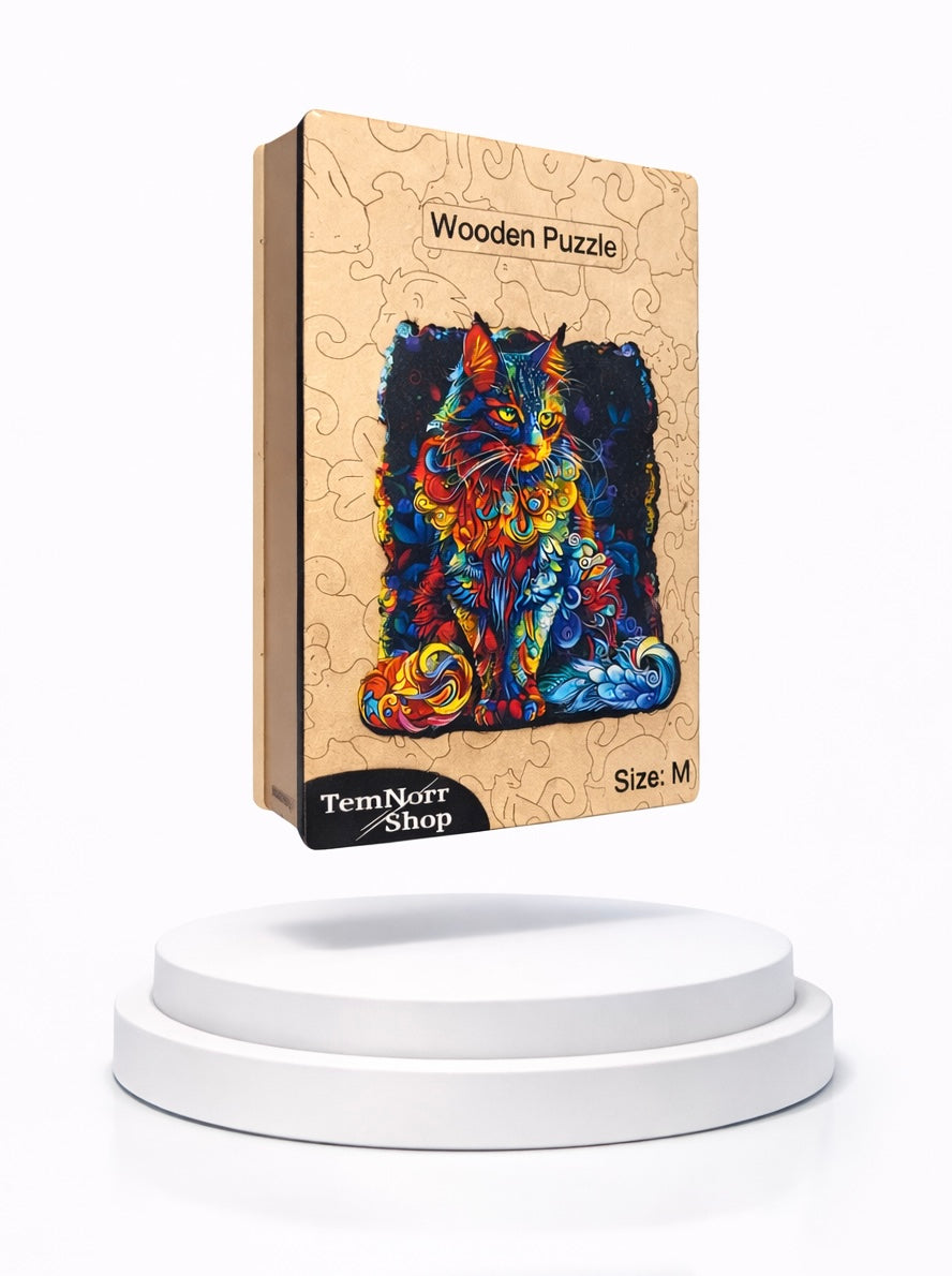 Wooden Puzzles for Adults – Colorful Cat with Unique Animal Pieces