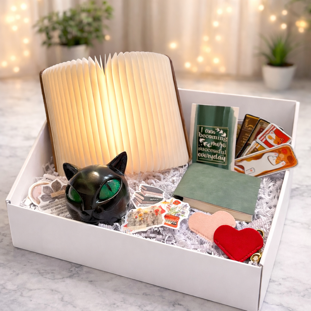 Cozy Reading Gift Box – Foldable Book Lamp, Cat Figurine & Notebook