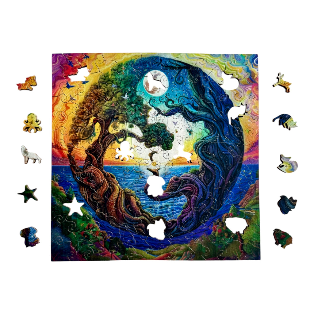 Colorful Wooden Yin-Yang Tree Puzzle – Unique Animal Pieces