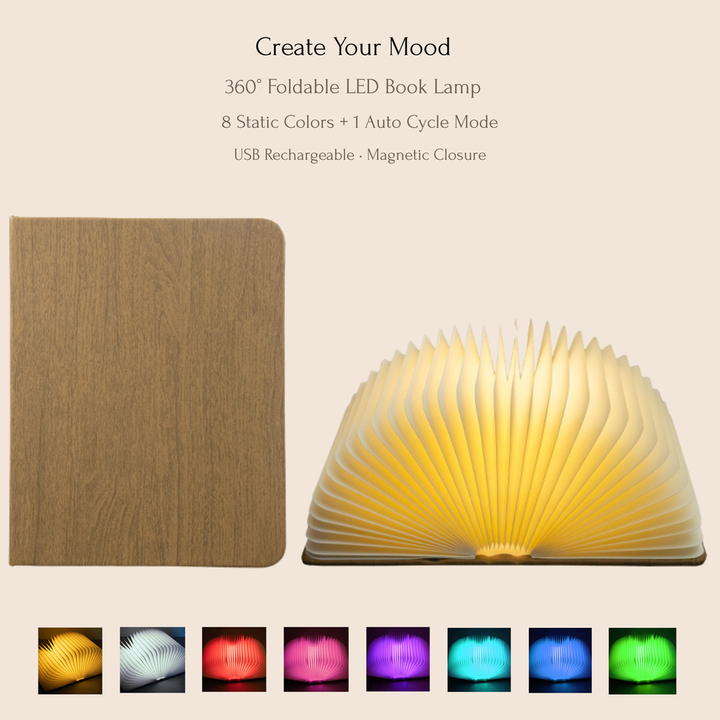 Wooden LED Book Lamp – Warm Light & 8-Color RGB Folding Night Lamp