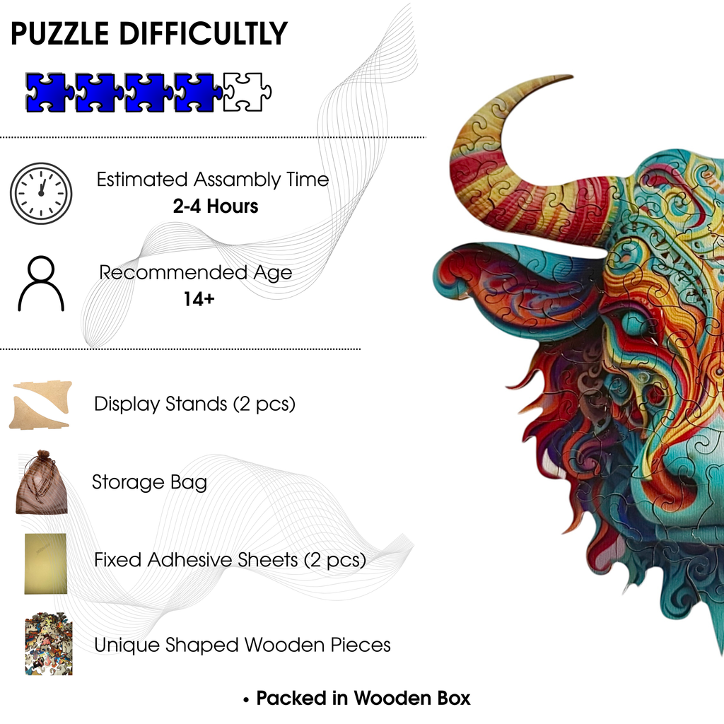 Wooden Puzzles for Adults – Colorful Bull with Unique Animal Pieces