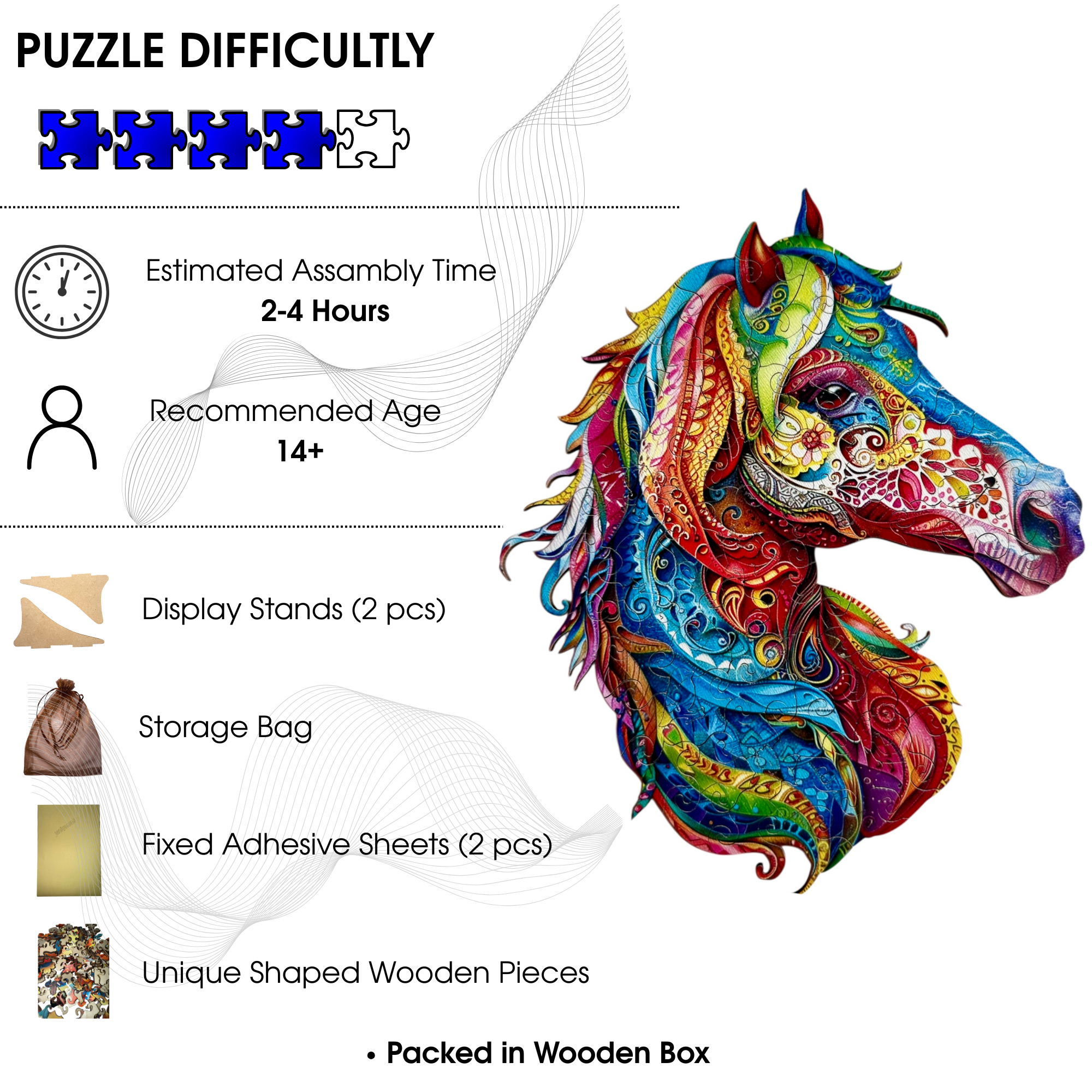Wooden Puzzles for Adults – Colorful Horse with Unique Animal Pieces